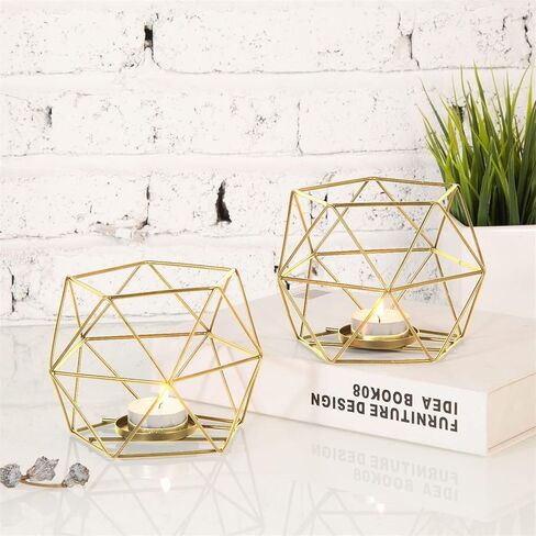 2 Pcs Gold Geometric Tealight Candle Holders with Glass Votive Cups, Wedding Reception Decor for Table Centerpiece, Metal Iron Wire Tea Light Candlestick Holder for Pillar Candles in Saudi Arabia
