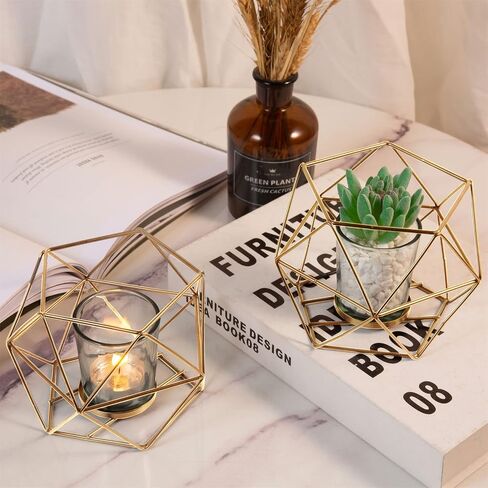 2 Pcs Gold Geometric Tealight Candle Holders with Glass Votive Cups, Wedding Reception Decor for Table Centerpiece, Metal Iron Wire Tea Light Candlestick Holder for Pillar Candles in Saudi Arabia