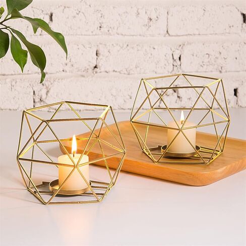 2 Pcs Gold Geometric Tealight Candle Holders with Glass Votive Cups, Wedding Reception Decor for Table Centerpiece, Metal Iron Wire Tea Light Candlestick Holder for Pillar Candles in Saudi Arabia