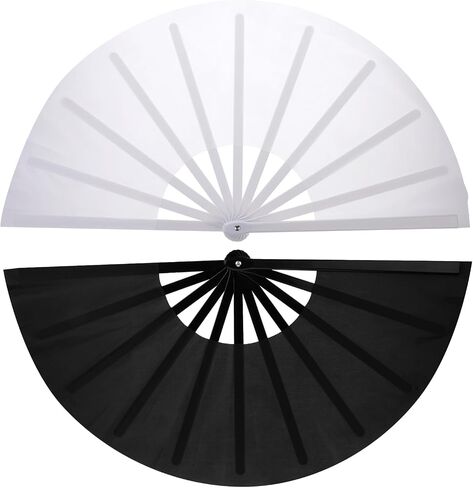 2 Pcs Large Folding Hand Fans Foldable Rave Fan Chinese Kung Fu Tai Chi Hand Fan Performance Decorations Hand Held Fan for Festival Dance Party (Black and White) in Saudi Arabia