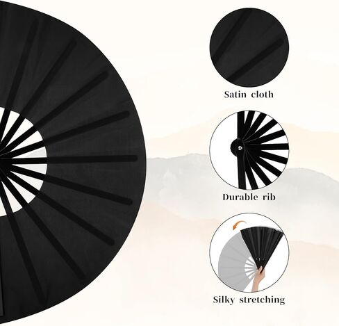 2 Pcs Large Folding Hand Fans Foldable Rave Fan Chinese Kung Fu Tai Chi Hand Fan Performance Decorations Hand Held Fan for Festival Dance Party (Black and White) in Saudi Arabia