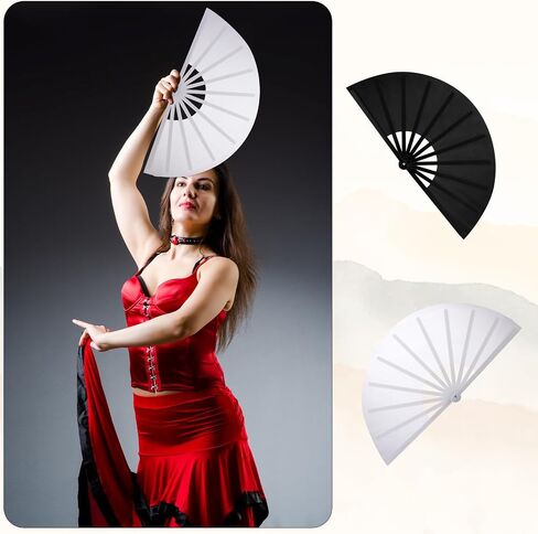 2 Pcs Large Folding Hand Fans Foldable Rave Fan Chinese Kung Fu Tai Chi Hand Fan Performance Decorations Hand Held Fan for Festival Dance Party (Black and White) in Saudi Arabia