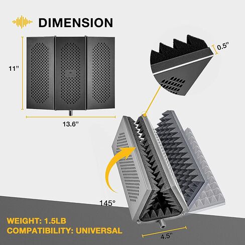 Sonic Acoustics Professional Studio Recording Microphone Isolation Shield, Pop Filter, High Density Absorbent Foam Reflector for Any Condenser Microphone Recording Equipment Studio, Silver Grey in Saudi Arabia