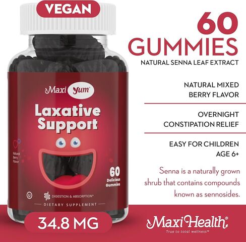 Maxi Health Laxative Gummies for Constipation Relief, Kids & Adults, Natural Senna, Calm Digestion, Mixed Berry Flavor, 60 Vegan Gummies for age 6+ - 4 Pack in Saudi Arabia
