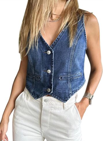 Imily Bela Womens Denim Vest Sleeveless V Neck Button Down Jean Waistcoat Jacket Y2K Summer Crop Tops in Kuwait