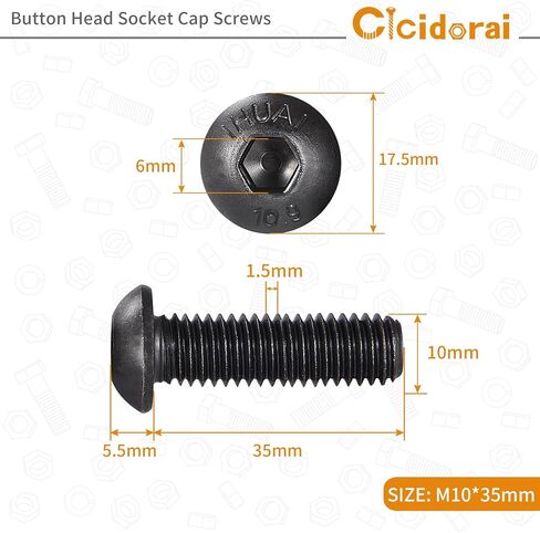 M10-1.5 x 65mm Button Head Socket Cap Screws Bolts, 10.9 Grade Alloy Steel, Black Oxide Finish, Machine Thread, Allen Socket Drive, Quantity 8 in Saudi Arabia