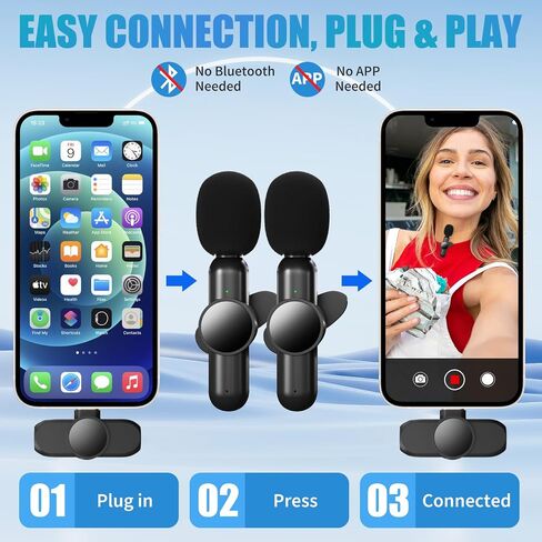 2 حزمة من ميكروفونات Lavalier اللاسلكية لهواتف iPhone وiPad وAndroid Phone وميكروفونات لاسلكية صغيرة بمشبك لتسجيل الفيديو ومقابلة YouTube ومدونة الفيديو والبث المباشر in Saudi Arabia