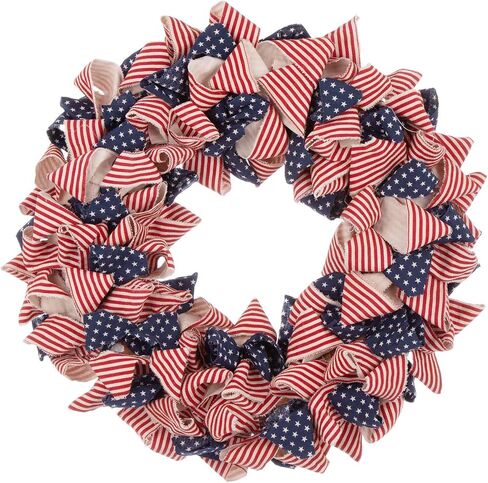 Glitzhome 19''D Fabric Patriotic Stripes and Stars Wreath Artificial Wreath Front Door Wall Hanging Decor in Saudi Arabia
