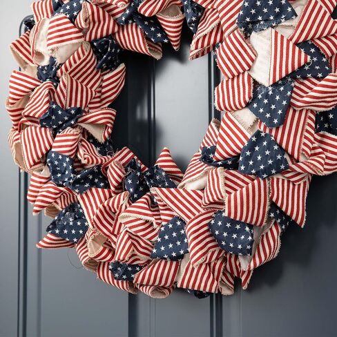 Glitzhome 19''D Fabric Patriotic Stripes and Stars Wreath Artificial Wreath Front Door Wall Hanging Decor in Saudi Arabia