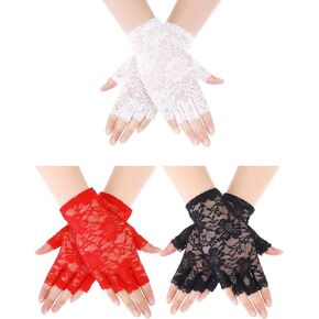 3 Pairs Women Lace Gloves Floral Lace Gloves Sun Protection Lace Gloves Dressy Gloves for Wedding Dinner Parties (Classic Style)