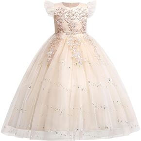 IWEMEK Sequins Flower Girl Embroidery Dress Fly Sleeve Beaded Princess Pageant Gown Bridesmaid Birthday Party Tulle Dresses