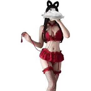 Sexy Lingerie For Women Red Chiffon Lace Underwear Erotic Outfit Couple Cosplay Costumes With Leadchain Bra Panties Pajamas (Red)