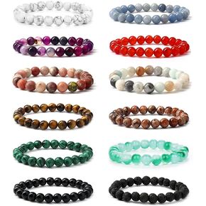 JeryWe 12 Pcs 8mm Beaded Bracelets for Women Men Healing Natural Stone Bracelet Semi-Precious Gemstones Bracelets Crystal Adjustable Stretch Mens Bracelets Beads Set