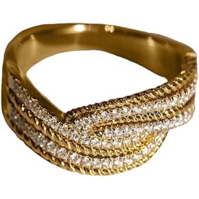 ENDLESSNESS & ETERNITY Cocktail Statement Criss-cross Intertwined Wedding Band CZ Cubic Zirconia 14K Gold Plated Half Eternity Promise Band