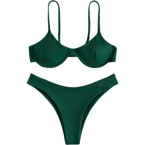 WDIRARA Women's 2 Piece Bikini Swimsuit Spaghetti Strap Underwire and Stretch High Cut Bottom Solid Bikini Sets