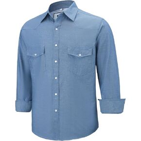 Men's Denim Western Cowboy Pearl Snap Work Long Sleeve Casual Button Down Up Shirt