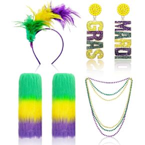 مجموعة إكسسوارات أزياء ovveroche 6 قطع من Mardi Gras، عصابة رأس من الريش الصناعي Mardi Gras Beads Mardi Gras أقراط متدلية من الفرو الصناعي لتدفئة الساق للنساء والفتيات in Kuwait