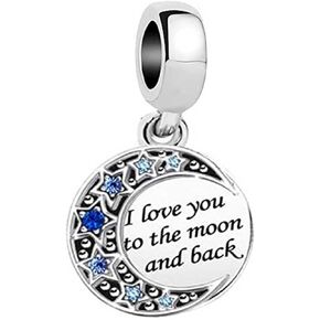 KunBead I Love You to the Moon and Back Blue Crystal Star Dangle Charms Compatible with Pandora Charm Bracelets for Women Girls