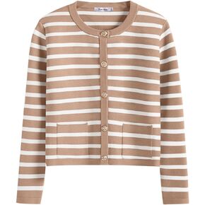 ANRABESS Cardigan Sweaters for Women 2023 Fall Long Sleeve Cropped Striped Knitted Jackets with Pockets