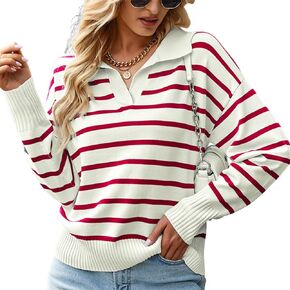 Women's Striped Pullover Sweater Casual Loose Color Block Long Sleeve Polo V Neck Knitted Jumper Tops