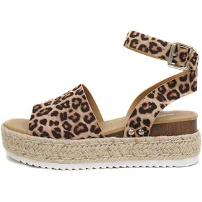 Soda Topic Open Toe Buckle Ankle Strap Espadrilles Flatform Wedge Casual Sandal (Oat Cheetah, numeric_6)
