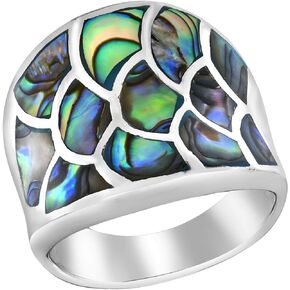 AeraVida Fantasy Mermaid Scales Rainbow Abalone Shell Wide Band .925 Sterling Silver Ring