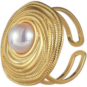 14K Gold Plated Statement Ring for Women Girls Stainless Steel CZ Flower Ring Pearl Round Disc Rings Layered Wrap Finger Band Open Adjustable Chunky Ring