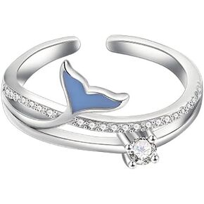 Dainty Mermaid Tail Open Statement Ring for Women Girls Cubic Zirconia Crystal Blue Fish Tail Double Layred Adjustable Stacking Finger Bands Eternity Promise Wedding Engagement Rings Fashion Jewelry Gifts