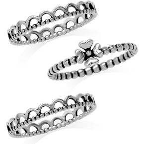 Silvershake 3 Piece Set 925 Sterling Silver Bead Ball Lace Inspired Band with Four Leaf Clover Heart Eternity Minimalist Stack Stackable Ring Jewelry for Girls Teens or Women Hypoallergenic