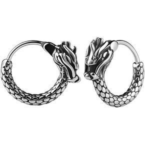 Punk Dragon Small Hoop Earrings for Men Boys Women Cartilage Fashion Gothic Unique Silver Plated Animal Huggie Hinged Hoops Stainless Steel Piercing Hooped Fashion Jewelry Gift 15mm