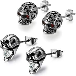 Aroncent Stainless Steel Skull Earrings for Men Women Skull Stud Gothic Punk Earrings Skeleton Earrings Halloween Party Jewerly