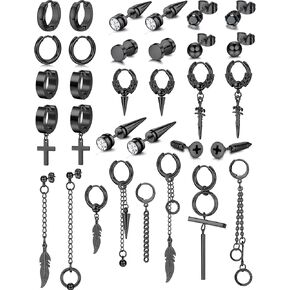 HAIAISO 32 قطعة أقراط للرجال أقراط سوداء من الفولاذ المقاوم للصدأ سلسلة طويلة ثقب الأقراط مجموعة أقراط Kpop أقراط متدلية للرجال والنساء in Kuwait