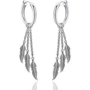 Punk Rock Stainless Steel Feather Drop Dangle Earrings Huggie Hinged Hoop Earrings,2PCS