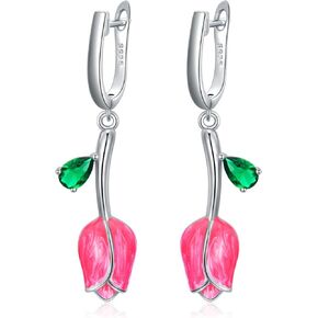 Gnteey Lab Grown Emerald Earrings 925 Sterling Silver Emerald Pink Tulip Earrings 6 * 4mm Emerald Drop Earrings for Women