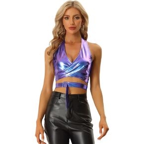 Allegra K Metallic Halter Neck Top for Women's Deep V Neck Backless Holographic Crop Tops