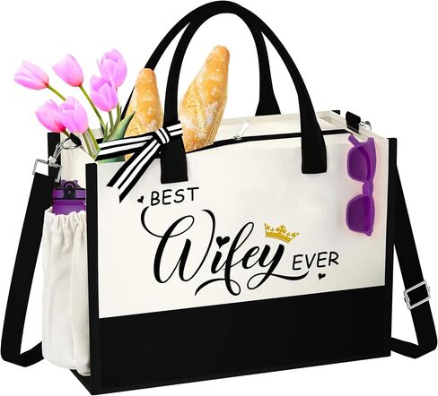 COCHIMO Gifts for Wife from Husband - Wife Gifts for Valentines Day - Wifey 13OZ Canvas Initial Tote Bag with Zipper Pocket Embroidery - Anniversary Birthday Gifts for Wife - Bridal Shower Gifts, in Saudi Arabia
