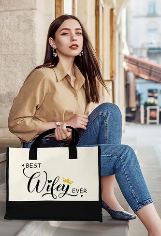 COCHIMO Gifts for Wife from Husband - Wife Gifts for Valentines Day - Wifey 13OZ Canvas Initial Tote Bag with Zipper Pocket Embroidery - Anniversary Birthday Gifts for Wife - Bridal Shower Gifts, in Saudi Arabia