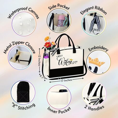 COCHIMO Gifts for Wife from Husband - Wife Gifts for Valentines Day - Wifey 13OZ Canvas Initial Tote Bag with Zipper Pocket Embroidery - Anniversary Birthday Gifts for Wife - Bridal Shower Gifts, in Saudi Arabia