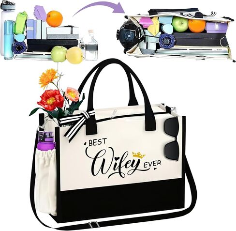 COCHIMO Gifts for Wife from Husband - Wife Gifts for Valentines Day - Wifey 13OZ Canvas Initial Tote Bag with Zipper Pocket Embroidery - Anniversary Birthday Gifts for Wife - Bridal Shower Gifts, in Saudi Arabia