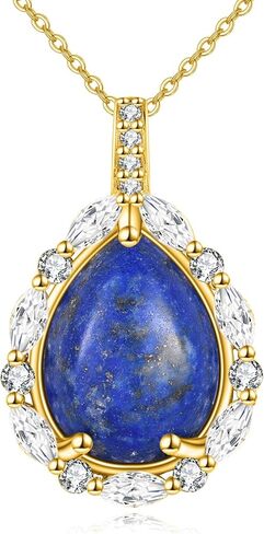 Natural Gemstone Necklace 925 Sterling Silver Cubic Zirconia Pendant Teardrop Lapis Lazuli/Moonstone/Moss Agate/Larimar/Black Onyx Jewelry Gift for Women Girls Mom Daughter in Saudi Arabia