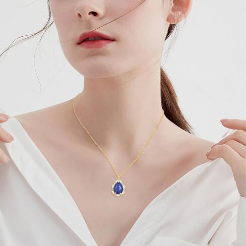 Natural Gemstone Necklace 925 Sterling Silver Cubic Zirconia Pendant Teardrop Lapis Lazuli/Moonstone/Moss Agate/Larimar/Black Onyx Jewelry Gift for Women Girls Mom Daughter in Saudi Arabia