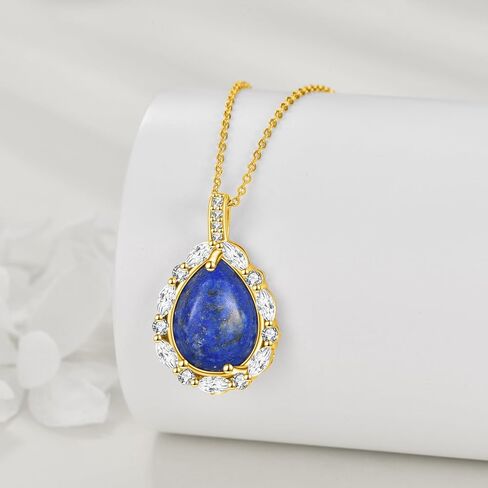Natural Gemstone Necklace 925 Sterling Silver Cubic Zirconia Pendant Teardrop Lapis Lazuli/Moonstone/Moss Agate/Larimar/Black Onyx Jewelry Gift for Women Girls Mom Daughter in Saudi Arabia