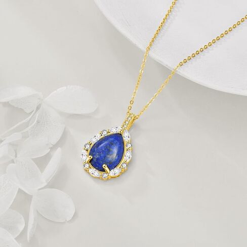 Natural Gemstone Necklace 925 Sterling Silver Cubic Zirconia Pendant Teardrop Lapis Lazuli/Moonstone/Moss Agate/Larimar/Black Onyx Jewelry Gift for Women Girls Mom Daughter in Saudi Arabia