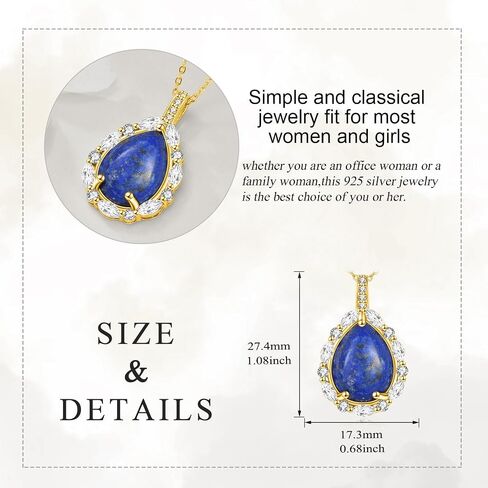 Natural Gemstone Necklace 925 Sterling Silver Cubic Zirconia Pendant Teardrop Lapis Lazuli/Moonstone/Moss Agate/Larimar/Black Onyx Jewelry Gift for Women Girls Mom Daughter in Saudi Arabia