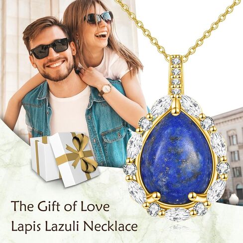 Natural Gemstone Necklace 925 Sterling Silver Cubic Zirconia Pendant Teardrop Lapis Lazuli/Moonstone/Moss Agate/Larimar/Black Onyx Jewelry Gift for Women Girls Mom Daughter in Saudi Arabia