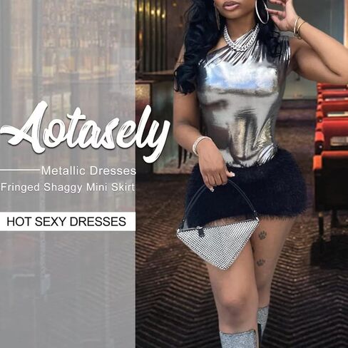 Aotasely Women’s 2 Sets Sexy Fringed Shaggy Mini Skirt with One Shoulder Sleeveless Shiny Metallic Bodysuit Party Night in Kuwait
