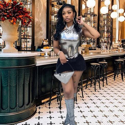 Aotasely Women’s 2 Sets Sexy Fringed Shaggy Mini Skirt with One Shoulder Sleeveless Shiny Metallic Bodysuit Party Night in Kuwait