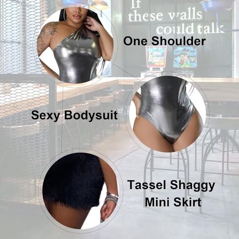 Aotasely Women’s 2 Sets Sexy Fringed Shaggy Mini Skirt with One Shoulder Sleeveless Shiny Metallic Bodysuit Party Night in Kuwait