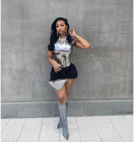 Aotasely Women’s 2 Sets Sexy Fringed Shaggy Mini Skirt with One Shoulder Sleeveless Shiny Metallic Bodysuit Party Night in Kuwait