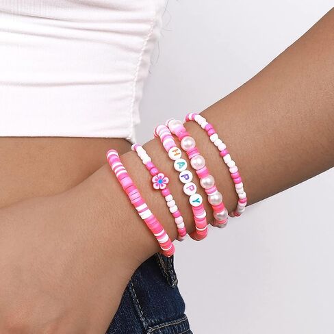 5Pcs Surfer Beaded Stackable Bracelets for Women Stretch Bracelets,Y2K Stretch Bracelet Bohemian Layering Bracelet for Teen Girls Friendship Bracelet in Saudi Arabia